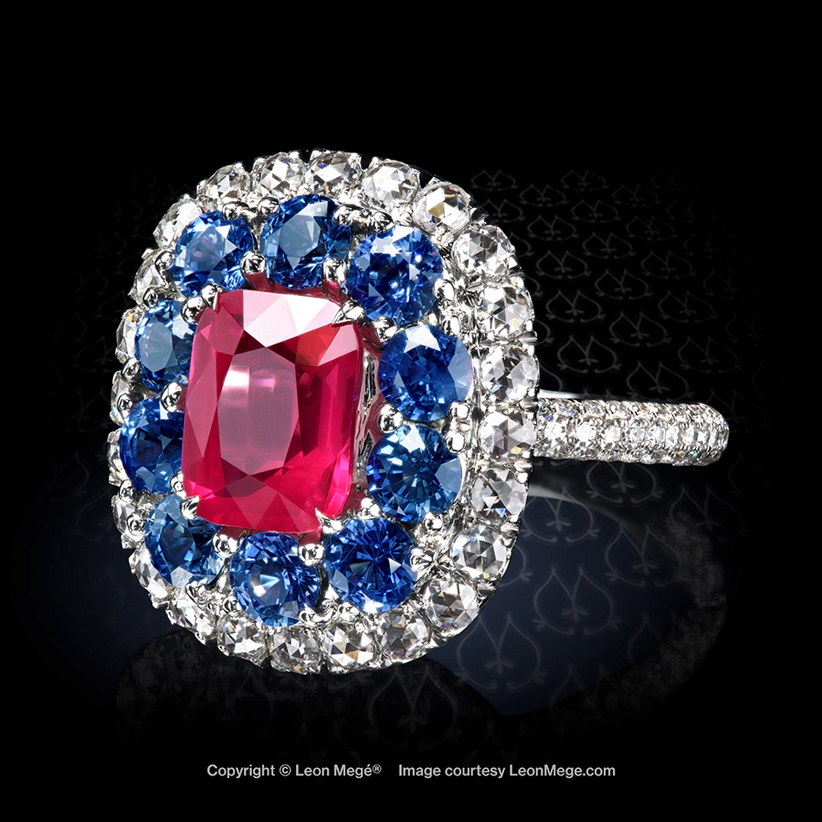 Leon Megé statement ring with a cushion Strawberry spinel in a cluster of natural blue sapphires and rose-cut diamonds in a bespoke mounting r7976