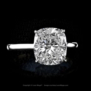 Leon Mege 410™ solitaire handmade engagement ring in platinum featuring a cushion diamond full of sweet sentiment and infinite love r8175