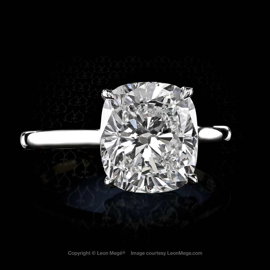 410™ solitaire ring, featuring 4.01 carat cushion diamond by Leon Mege