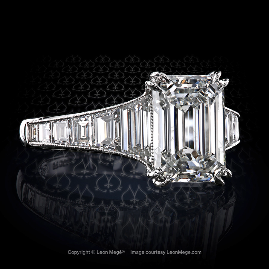 Mon Cheri Leon Mege exclusive diamond ring with emerald cut diamond and step cut calibre.
