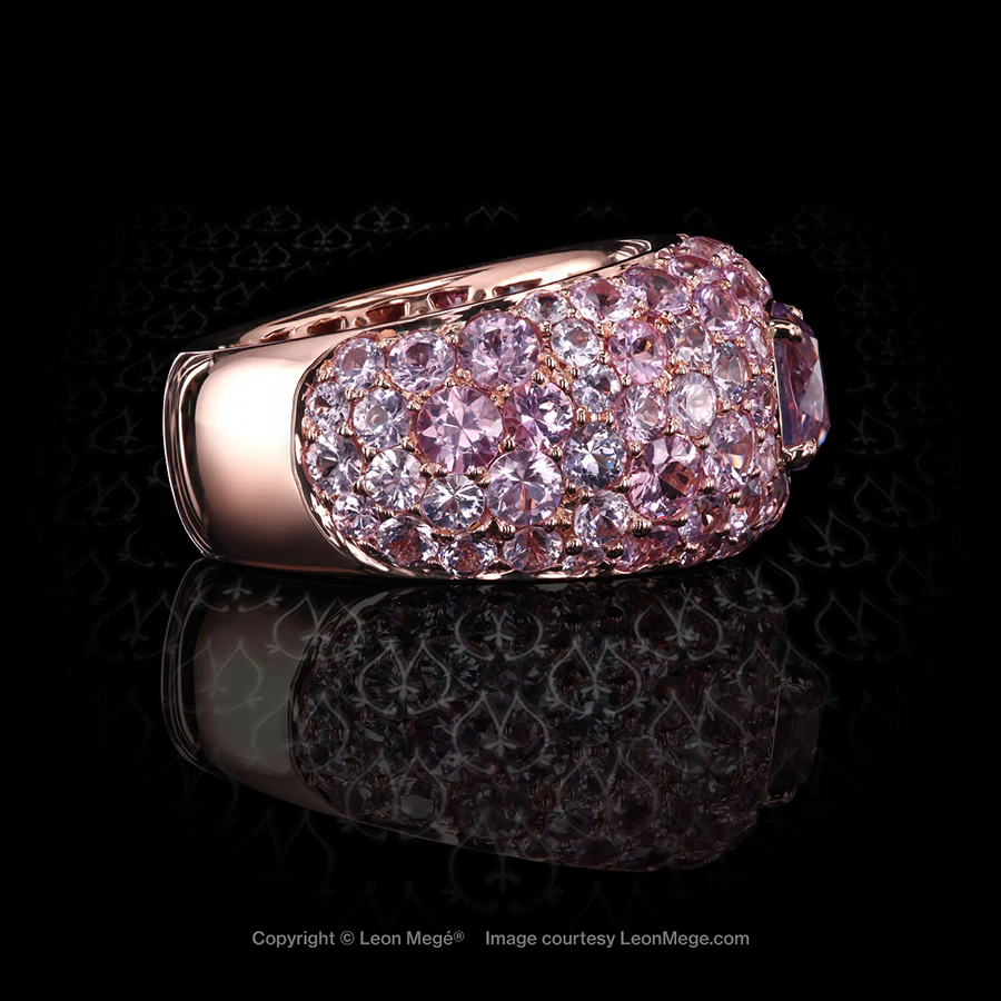 Leon Mege bespoke right-hand ring with Argyle-pink cushion spinel and random pave r8193