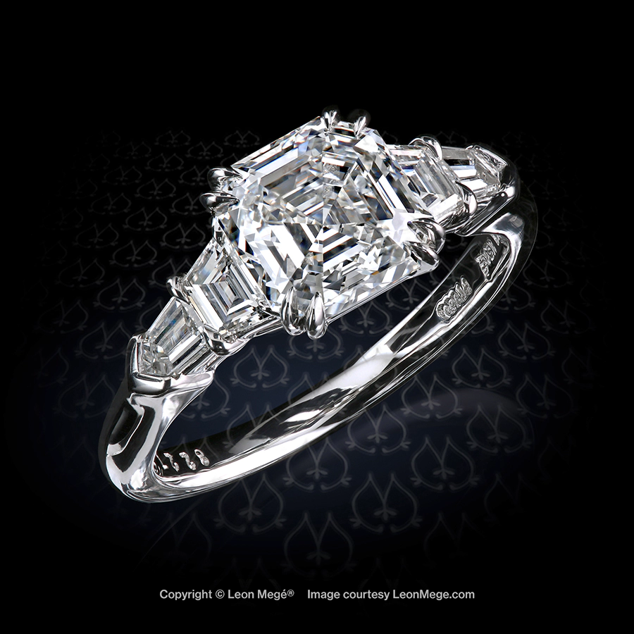 Classic five-stone ring, featuring 1.97 carat asscher cut diamond by Leon Mege