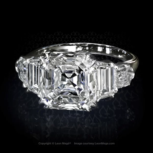A five-stone ring with 5.09 carat asscher cut diamond by Leon Mege