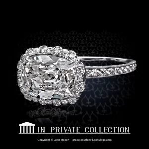 Leon Mege bespoke East-West halo ring with a True Antique cushion diamond in a fancy halo of round and French cut diamonds r959