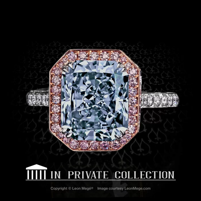 4.11-carat blue diamond diamond ring with pink diamond halo by Leon Mege.