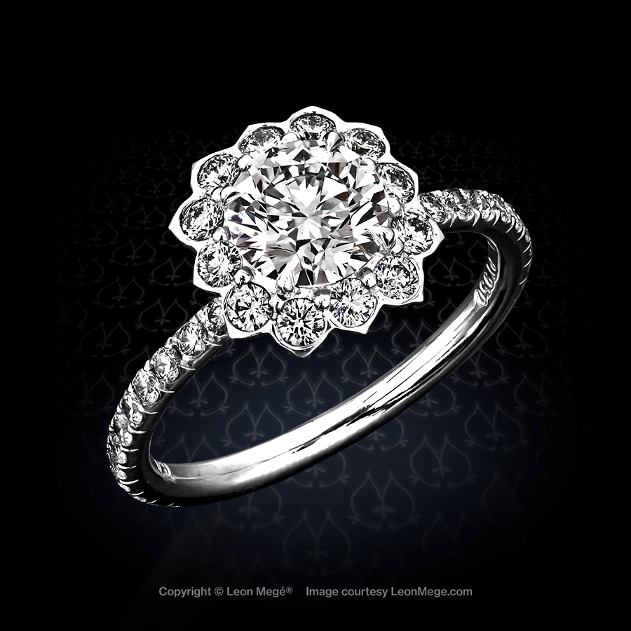 "Lotus" halo ring featuring 1.0 carat round diamond by Leon Mege.