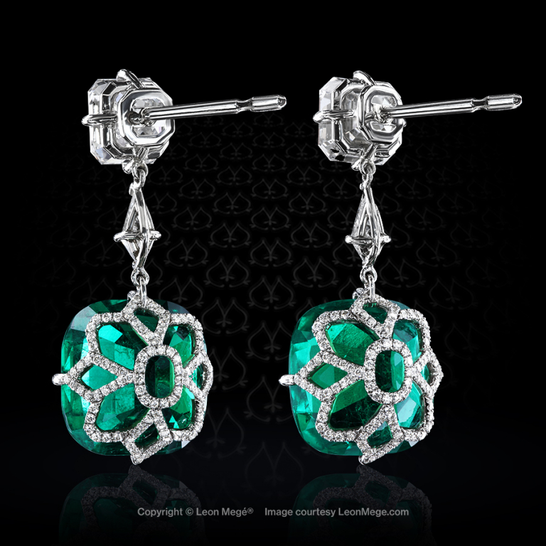 Leon Megé ear drops with Asscher cut diamonds and Colombian emeralds in micro pave baskets e7769