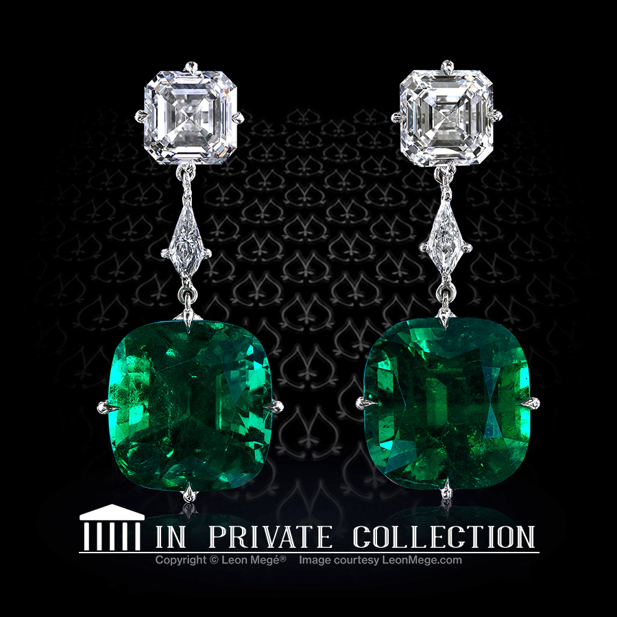 Rare 12.23- and 12.87-carat Colombian emeralds in diamond eardrops by Leon Mege