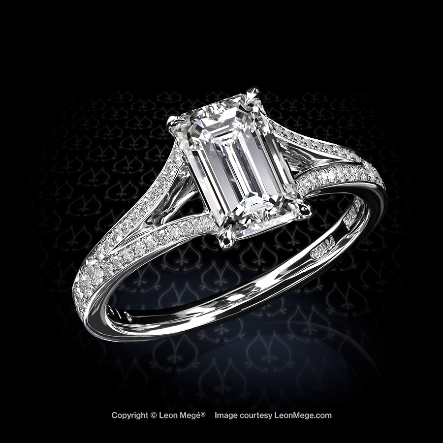 Split shank ring, featuring 2.01 carat emerald cut diamond by Leon Mege