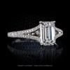 Leon Megé hand-forged split-shank ring featuring an emerald cut diamond with bright-cut pave r8194