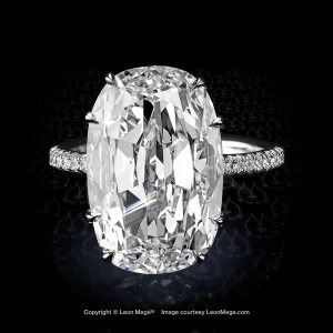 Platinum ring with 5.02 ct True Antique cushion diamond by Leon Mege