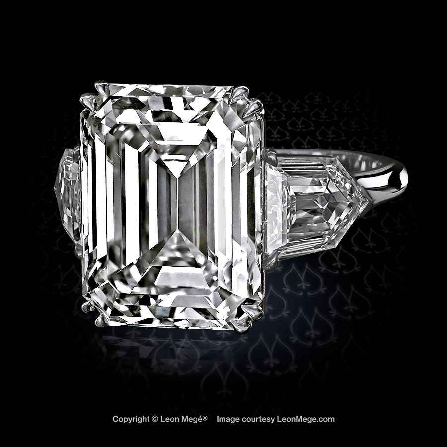 Emerald cut diamond with diamond bullets three stone ring by Leon Mege