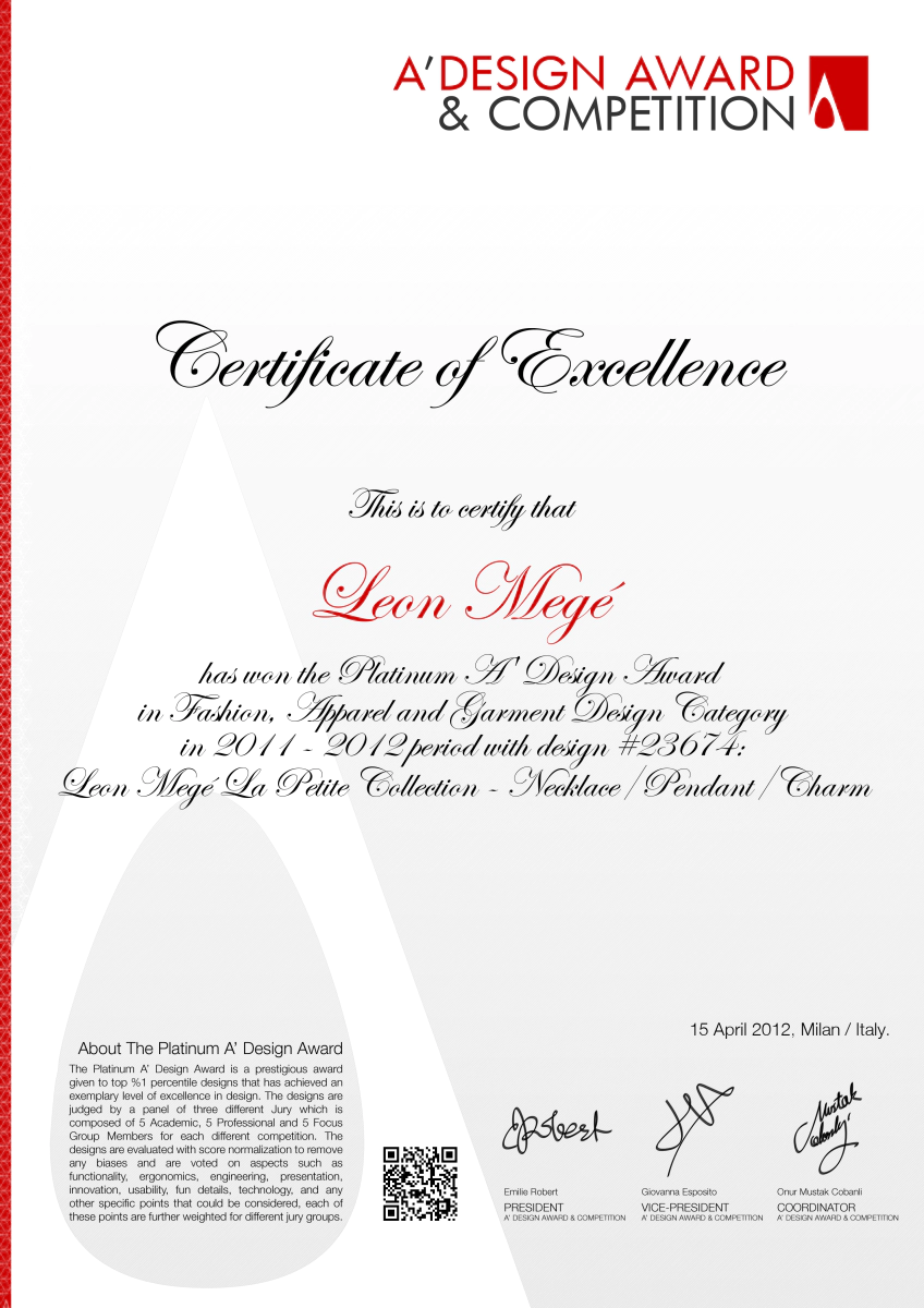 Leon Mege A'Design award certificate