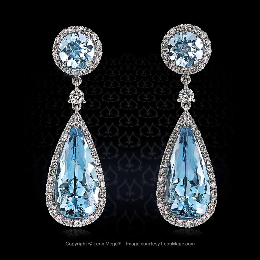 Leon Megé handmade convertible eardrops with natural aquamarines and the finest diamonds e8245