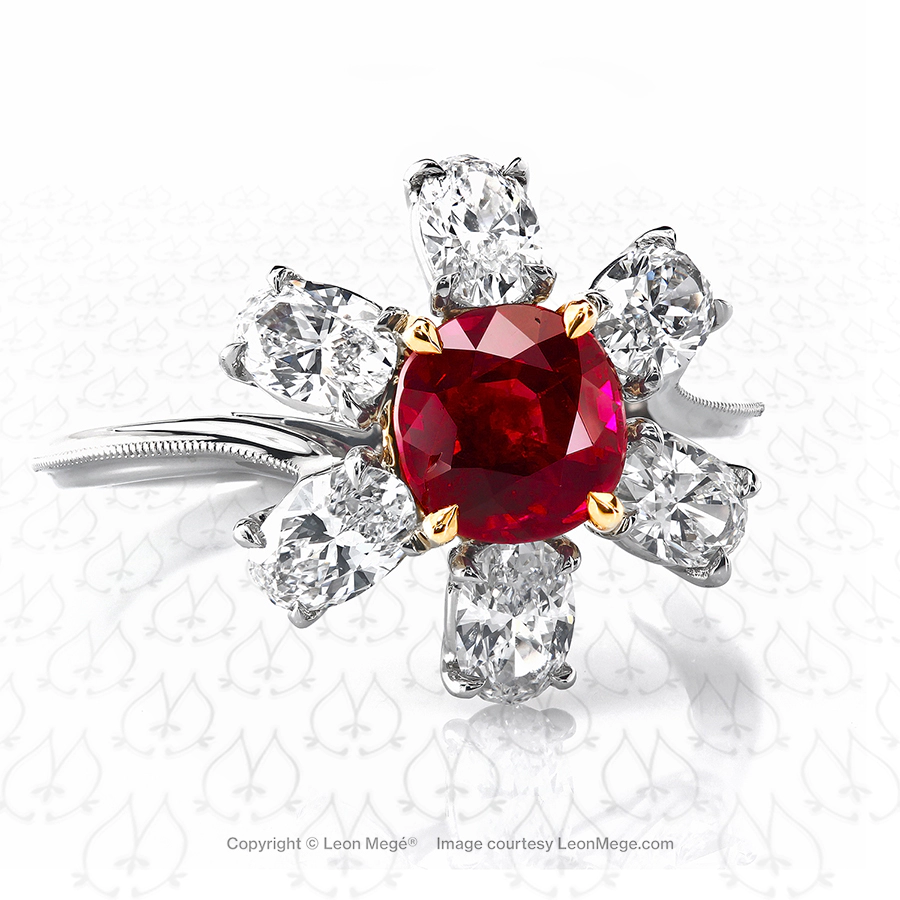 Natural unheated certified pigeon blood burmese ruby in a diamond ring by Leon Mege
