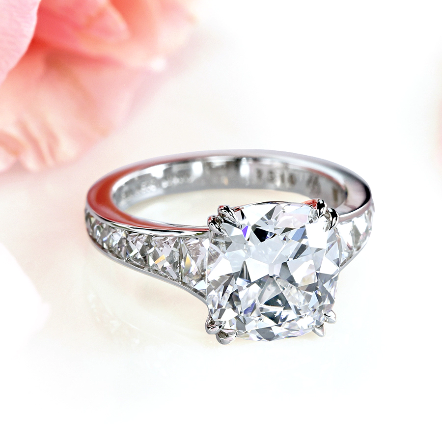 Mon Cheri diamond engagement ring with 4.13 carat true antique cushion diamond by Leon Mege