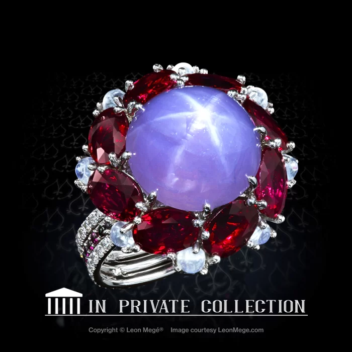 14.24-carat purplish-pink natural sapphire surrounded by rubies and accented with Burmese moonstones.