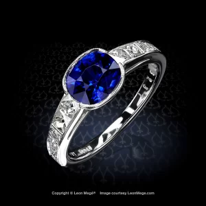 Leon Mege Royal Blue natural cushion sapphire with graduated French cut diamonds and pave in a hand-forged platinum right-hand ring r8237