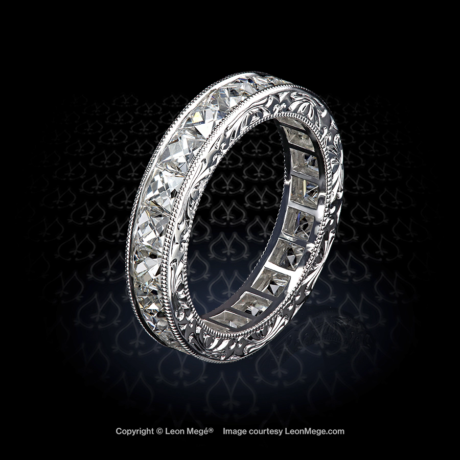 French cut diamond channel set band with hand engraving and milgrain edge custom made by Leon Mege