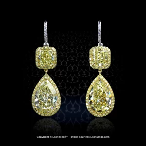 Leon Mege diamond earrings with fancy yellow pear shape and radiant diamonds in fancy yellow micro pave halos