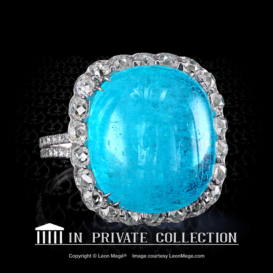 Spectrum award winner Paraiba tourmaline ring with antique cushion diamond and micro pave by Leon Mege.