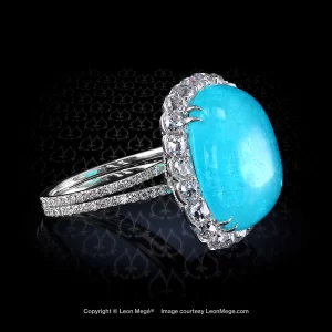 Spectrum award winner Paraiba tourmaline ring with antique cushion diamond and micro pave by Leon Mege.