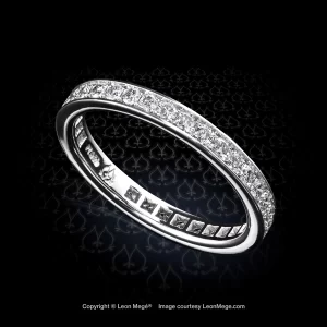 2.5 mm wide wedding band eternity style with bright-cut diamond pave in platinum by Leon Mege