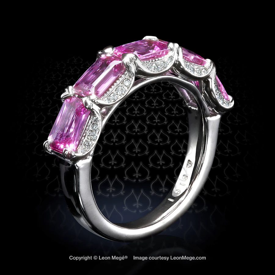 Pink sapphire East-West set band with diamond pave by Leon Mege