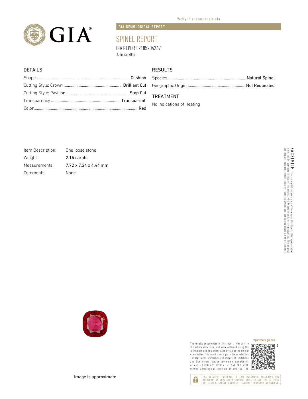 2185204267 Spinel certified pigeon blood certificate GIA