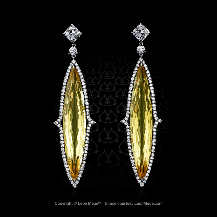 Yellow golden beryl marquise earrings by Leon Mege