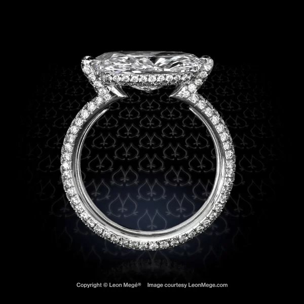 Leon Mege hand-forged open-culet engagement ring with an elongated cushion diamond set East-West r782