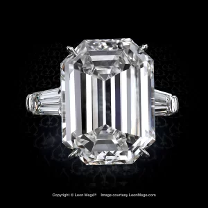 Three-stone ring with 14.81 carat emerald cut diamond and tapered diamond baguettes in platinum by Leon Mege