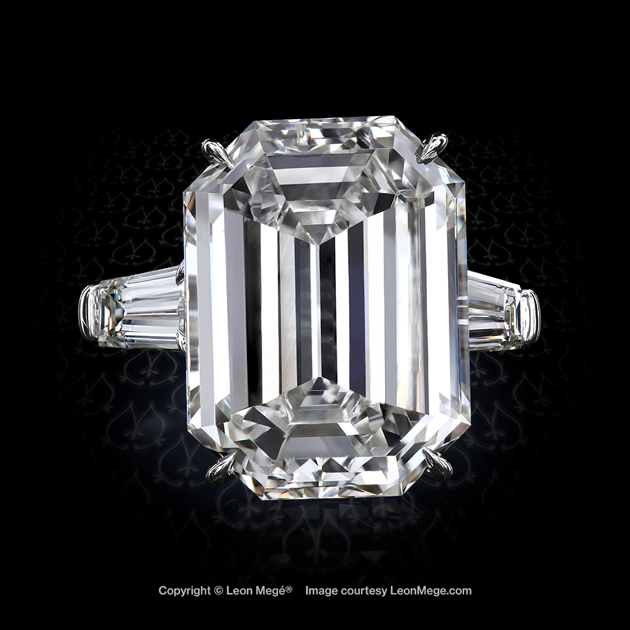 Leon Megé classic three-stone ring with emerald-cut diamond and tapered baguettes r7937