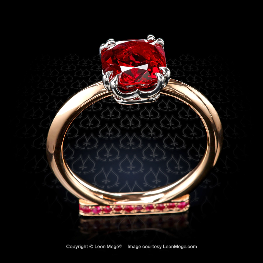 Flamingo collection Leon Mege Burma spinel ring with cushion pigeon blood center stone in platinum setting
