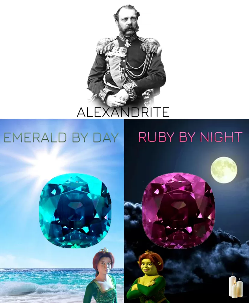 Alexandrite alexander II ruby by night emerald by day illustration