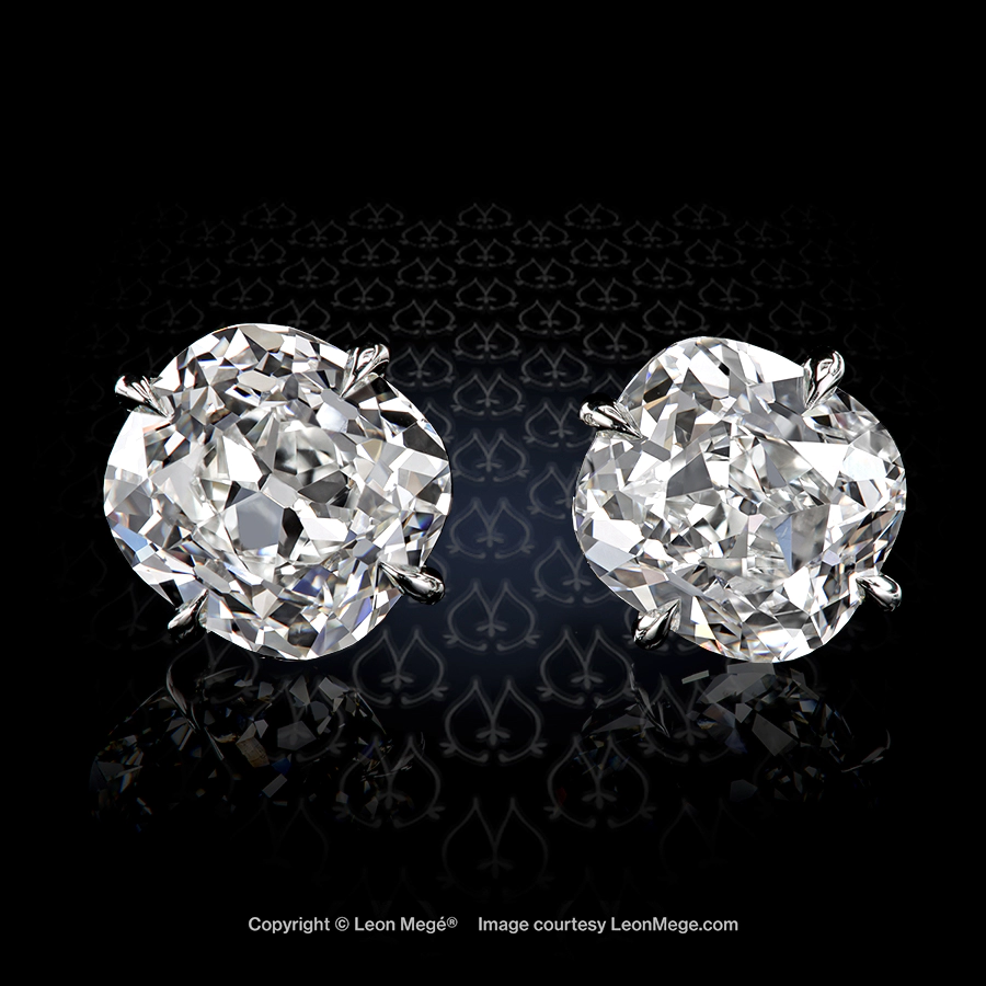 Leon Mege perfectly matched pair of True Antique™ cushion diamonds in bespoke compass-style studs e8539