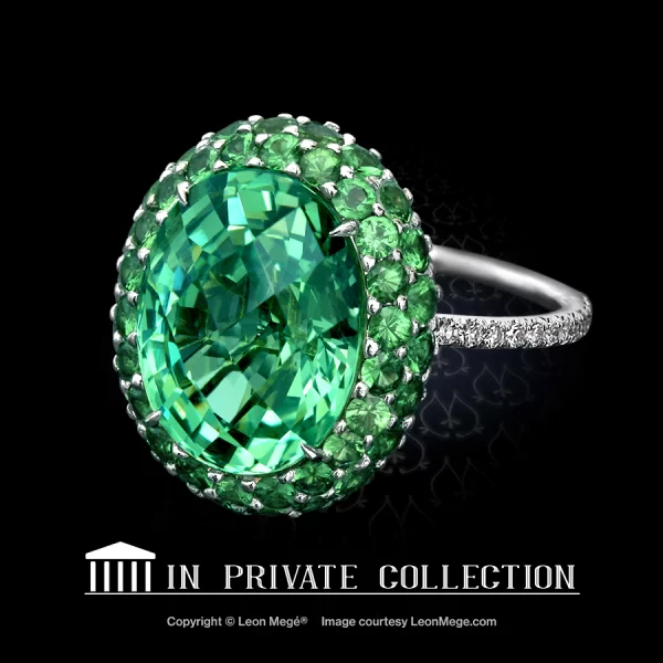 Custom made couture ring by Leon Mege. featuring Portugese cut mint green garnet, tsavorites and diamonds