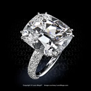 Leon Mege 413™ solitaire ring, featuring 16.98 carat cushion diamond with single-cut micro pave.