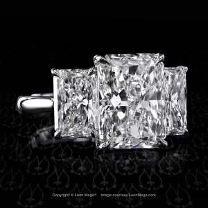 Leon Megé classic three-stone ring with Radiant-cut diamonds in a platinum precision-forged bespoke single-prong mounting r8188