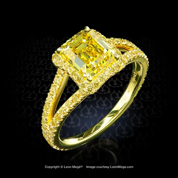 Leon Mege split shank ring with a vivid yellow emerald cut diamond and fancy yellow micro pave r8412
