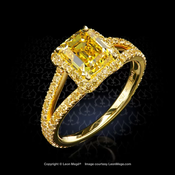 Leon Mege split shank ring with vivid yellow emerald cut diamond and fancy yellow micro pave
