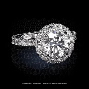Puffy halo ring with round diamond and Duvet shank by Leon Mege