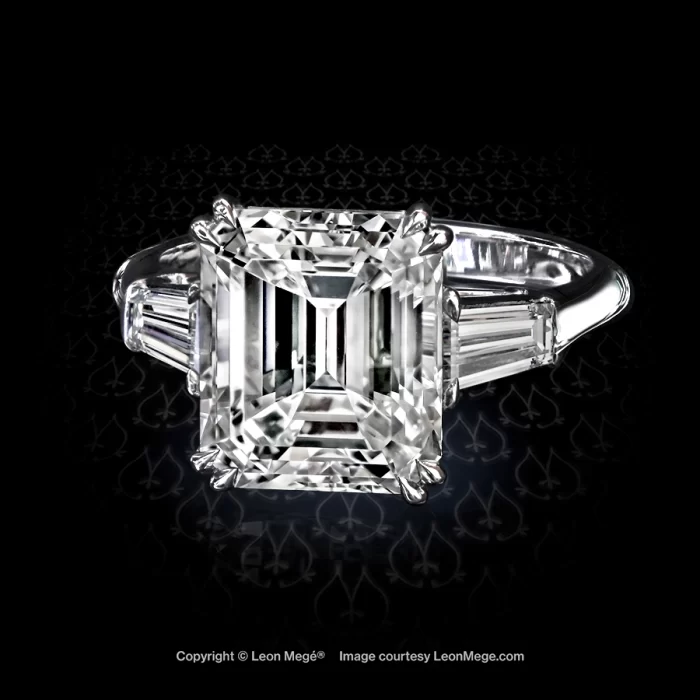 Leon Mege classic three-stone ring with an emerald cut diamond and tapered baguettes r904