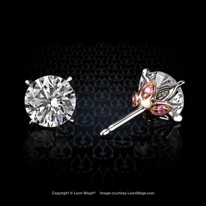 Leon Mege Lotus studs with ideal cut round diamonds and pink sapphires on the petals