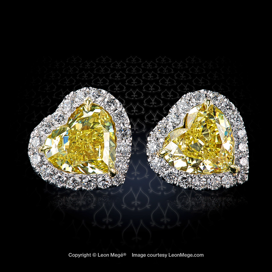 Leon Mege bespoke studs with fancy yellow heart-shaped diamonds in a white diamond halo e8454