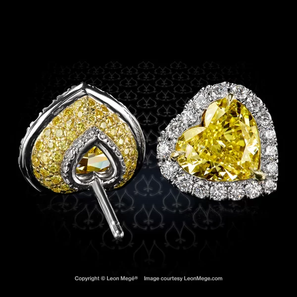 Leon Mege bespoke studs with fancy yellow heart-shaped diamonds in a white diamond halo e8454