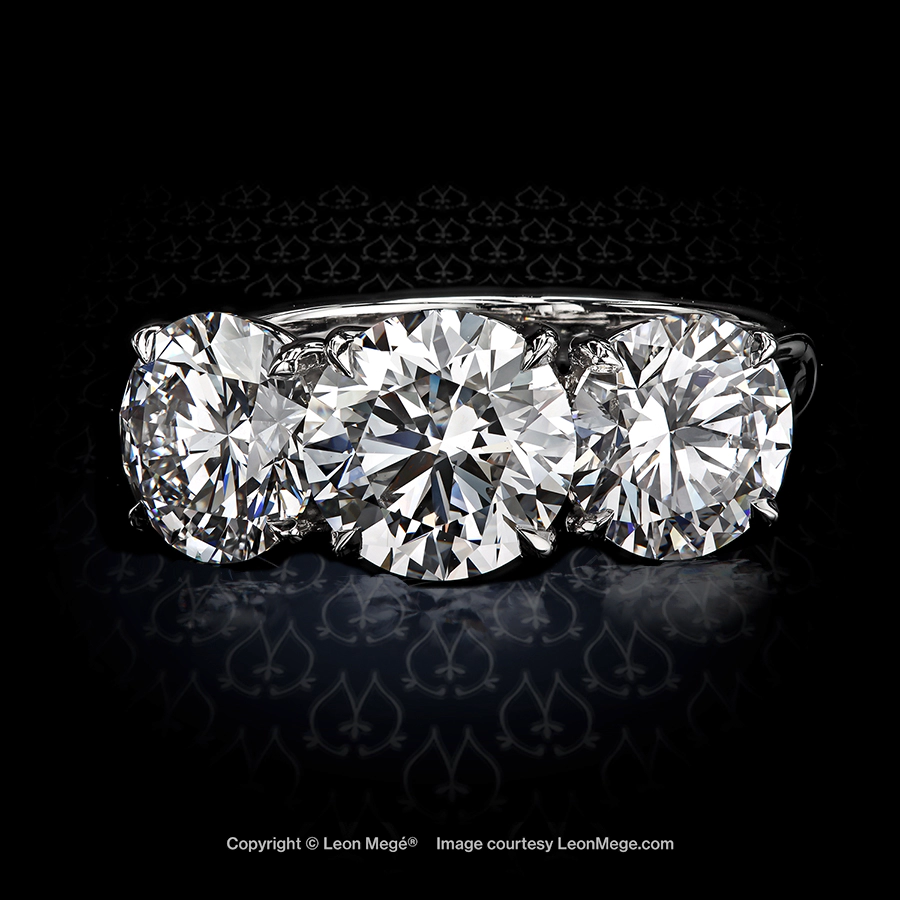 Leon Mege three-stone trellis ring with round diamonds in platinum