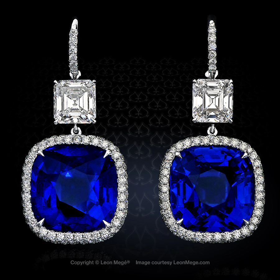 Leon Mege custom diamond halo drop earrings with naturalblue sapphires cushion shaped e4561