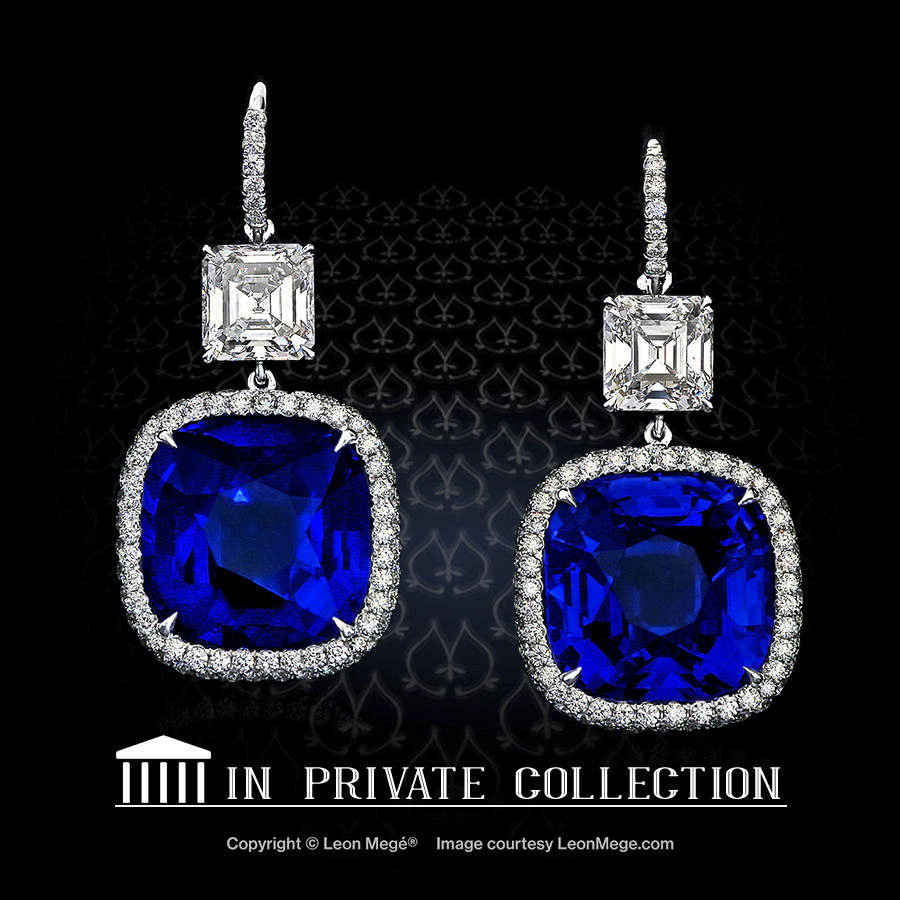 Custom made halo drop earrings with natural cushion blue sapphires by Leon Mege.