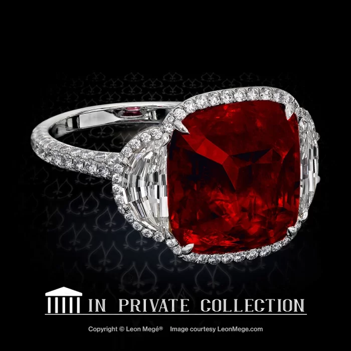Burmese cushion pigeon-blood ruby with step cut half-moon diamonds in Leon Mege Montpassier ring